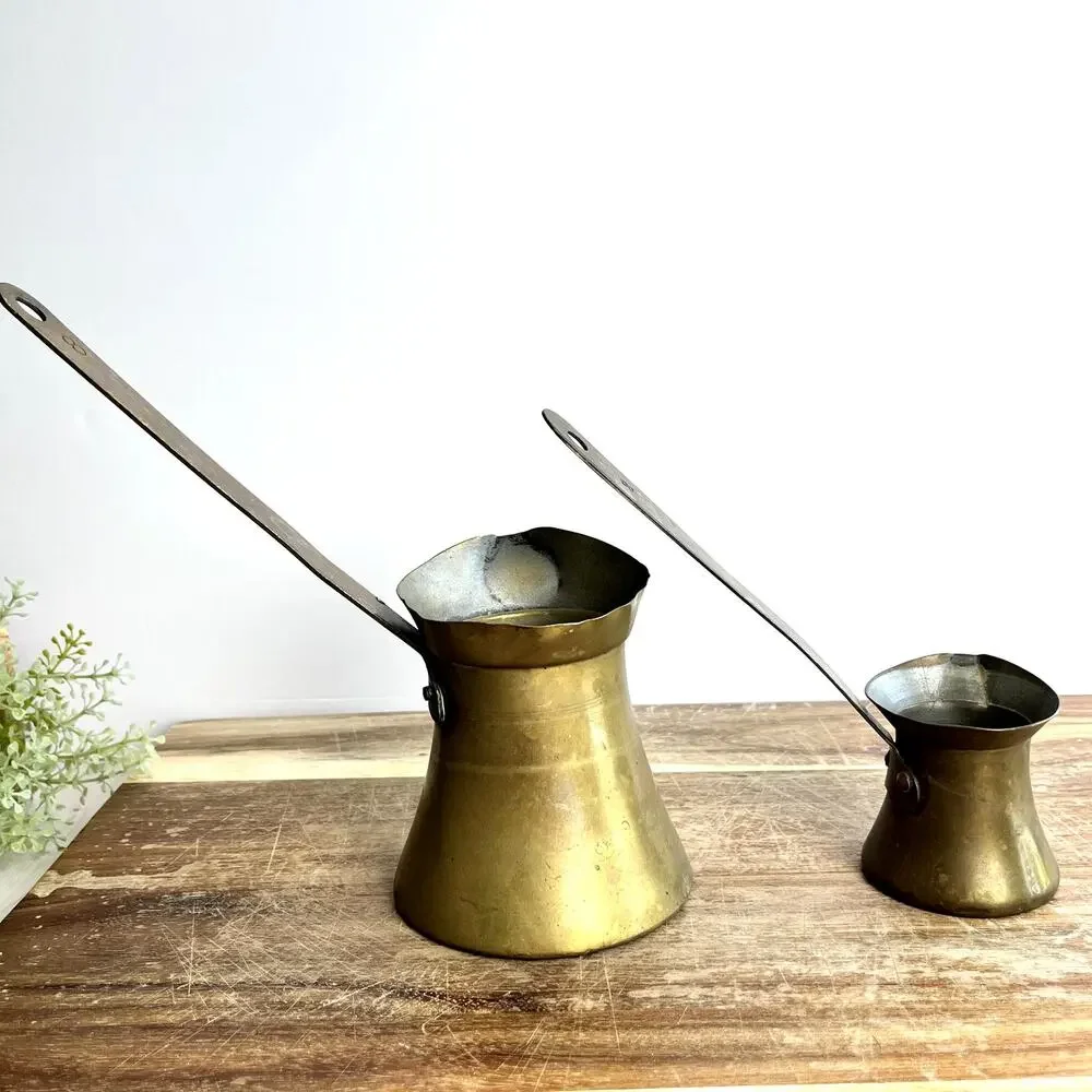 Vintage Brass Coffee Melting Pots 12 oz & 4 oz Rustic Patina Farmhouse Set of 2